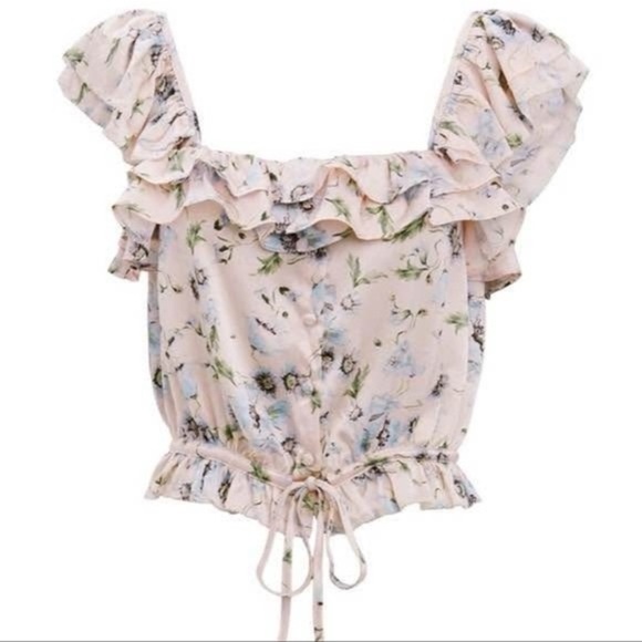 LoveShackFancy Mia Ruffled Lace Crop Top Pink Purple Cream Cinch 100% Silk XS - Picture 2 of 11